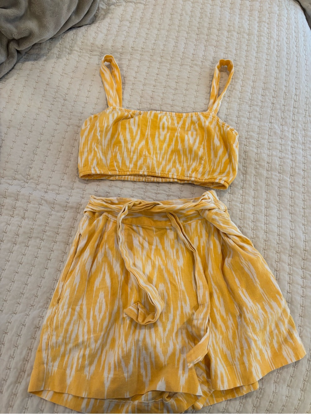 Yellow Ikat Print Two-Piece Set - Crop Top & Skirt